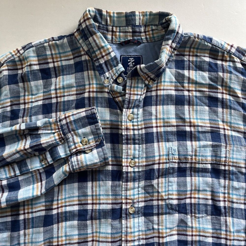 Izod Blue Plaid Flannel Long Sleeve Button Down Shirt Mens 2XL